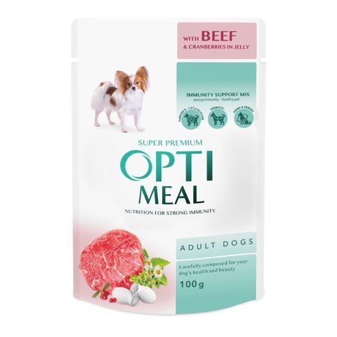 Вологий корм для OPTI MEAL для собак з яловичиною та журавлиною у желе 100 г 15353 фото