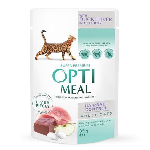 Вологий корм OPTI MEAL для котів з ефектом виведення шерсті з качкою та печінкою в желе 85 г 5857 фото