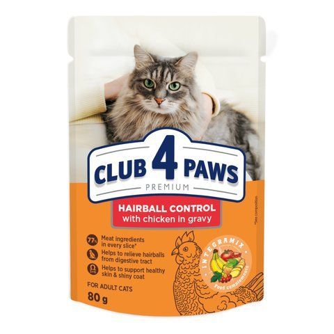 Вологий корм для котів з ефектом виведеня шерсті CLUB 4 PAWS з куркою в соусі 80 г 14114 фото
