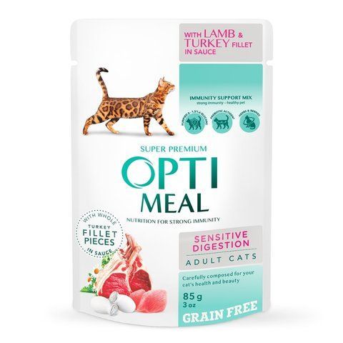 Вологий корм OPTI MEAL для котів з чутливим травленням з ягням та індичкою в соусі 85 г 5859 фото
