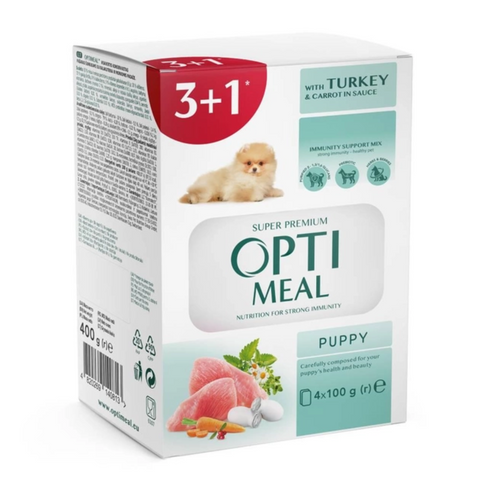 Вологий корм для цуценят OPTIMEAL PUPPY 3+1 pouch з індичкою та морквою 400г 17908 фото