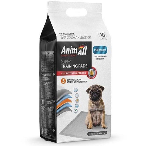 Пелюшки AnimAll Puppy Training Pads для собак і цуценят, з активованим вугіллям, 60&times;90 см, 10 штук 17035 фото