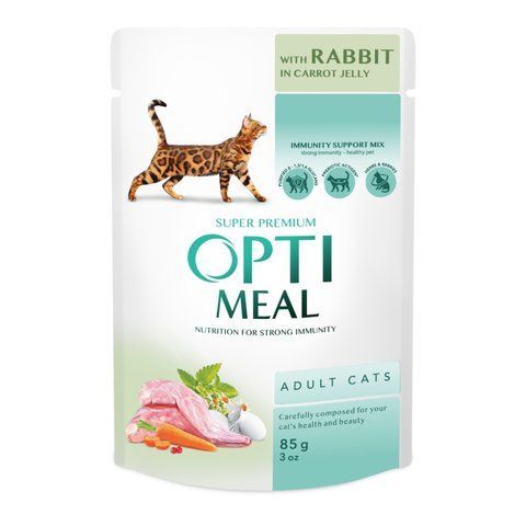 Вологий корм OPTI MEAL для котів з кроликом у морквяному желе 85г 14380 фото