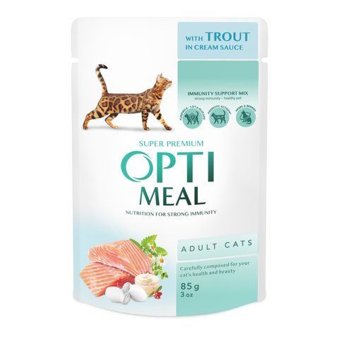 Вологий корм для кішок OPTI MEAL з фореллю у кремовому соусі 85 г 14757 фото
