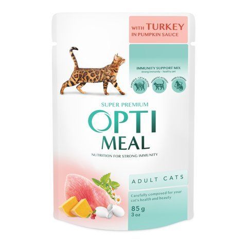 Вологий корм для котішок OPTI MEAL смаком індички в гарбузовому соусі 85 г 14758 фото
